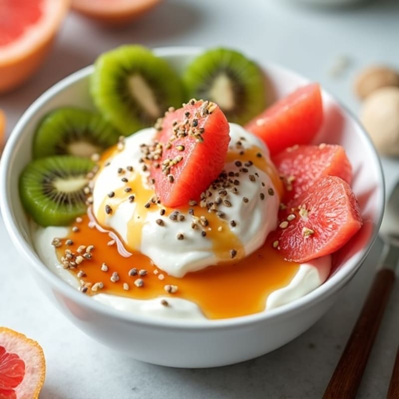 Creamy Maple Greek Yogurt with Fresh Grapefruit, Kiwi, and Crunchy Chia Seeds