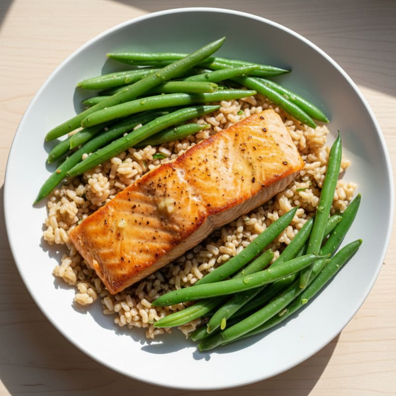 Seared Salmon with Steamed Green Beans and Brown Rice