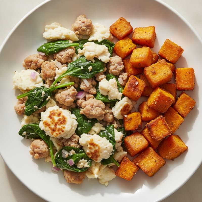 Egg White and Turkey Sausage Scramble with Spinach and Roasted Sweet Potato