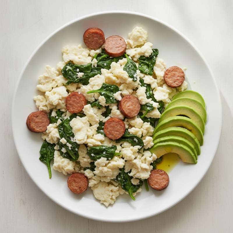 Egg White Scramble with Turkey Sausage and Sautéed Spinach