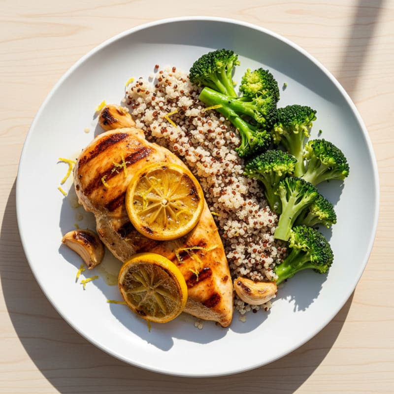 Grilled Lemon Garlic Chicken Breast with Steamed Broccoli and Quinoa