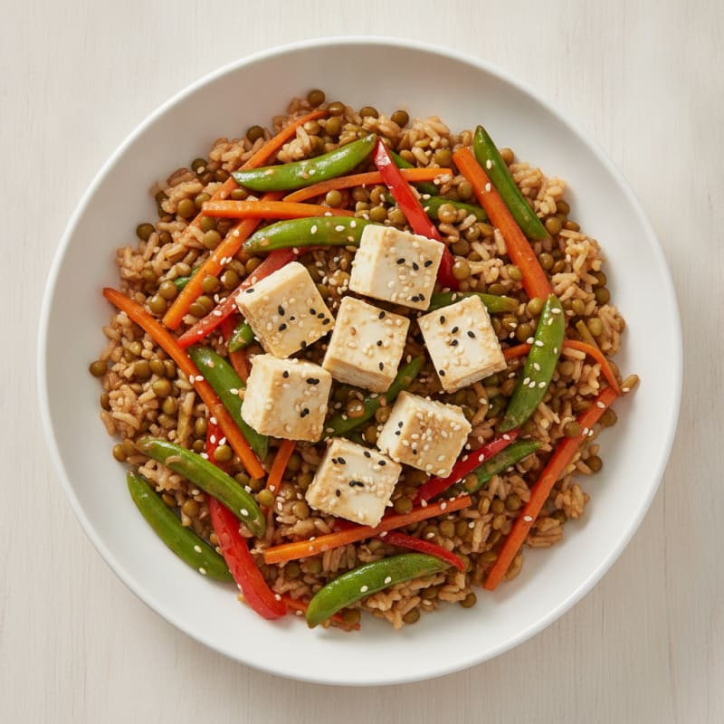 Lentil and Vegetable Stir-Fry with Silky Tofu Cubes