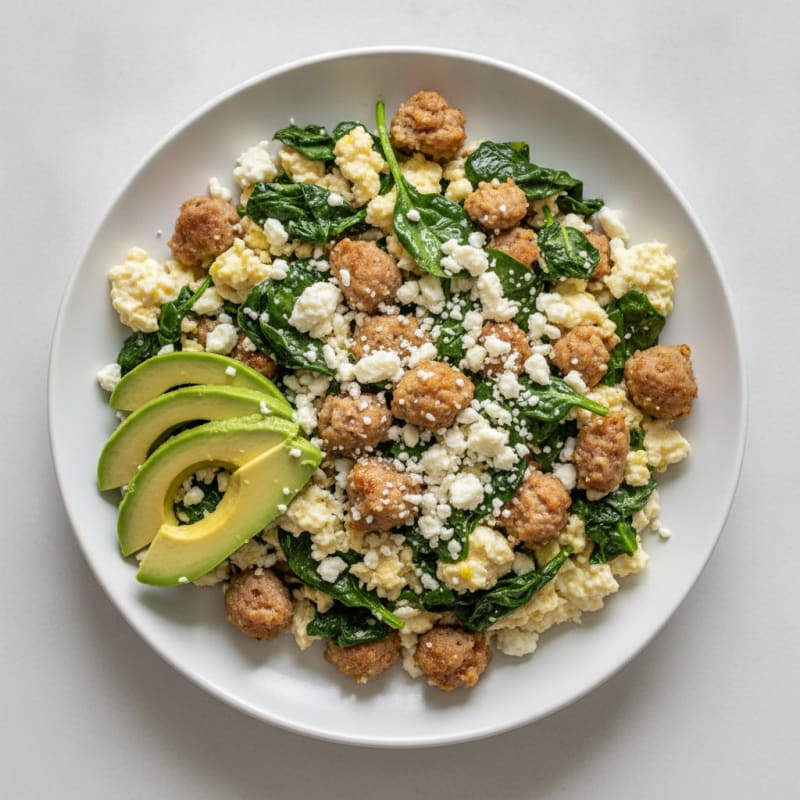 Egg White and Turkey Sausage Scramble with Spinach and Feta