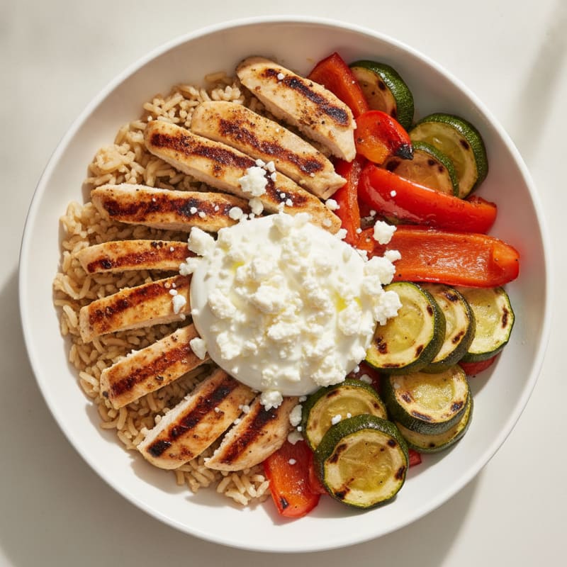 Grilled Chicken and Veggie Bowl with Brown Rice and Feta