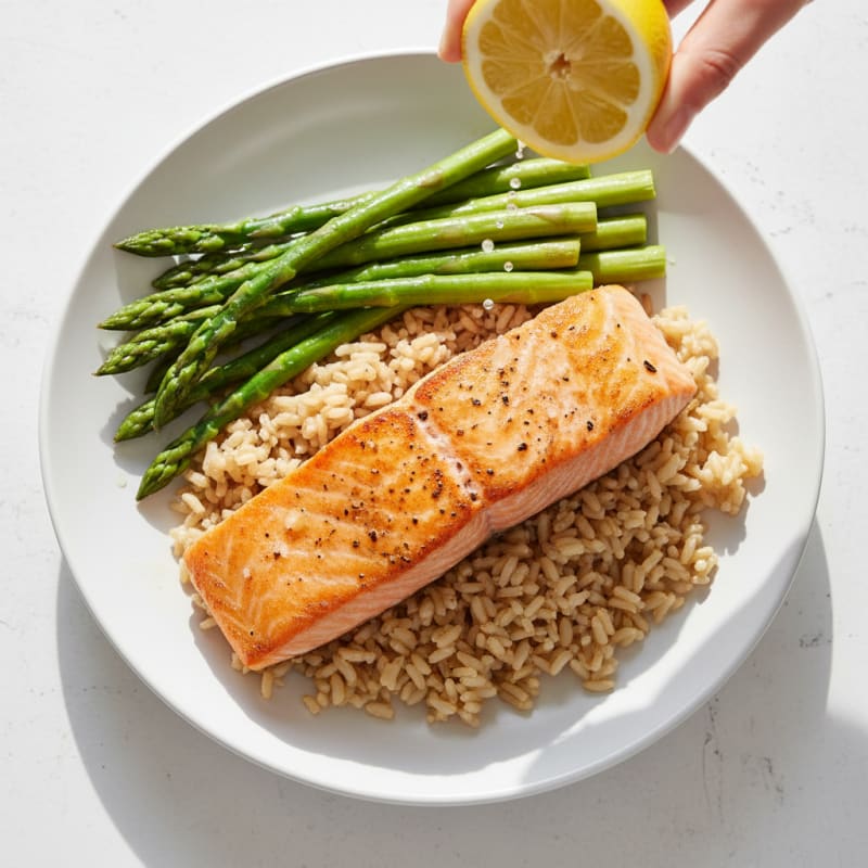 Seared Salmon Fillet with Steamed Asparagus and Brown Rice