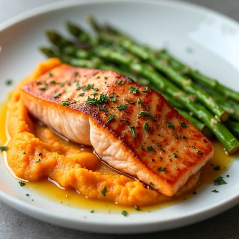 Seared Salmon Filet with Steamed Asparagus and Sweet Potato Mash