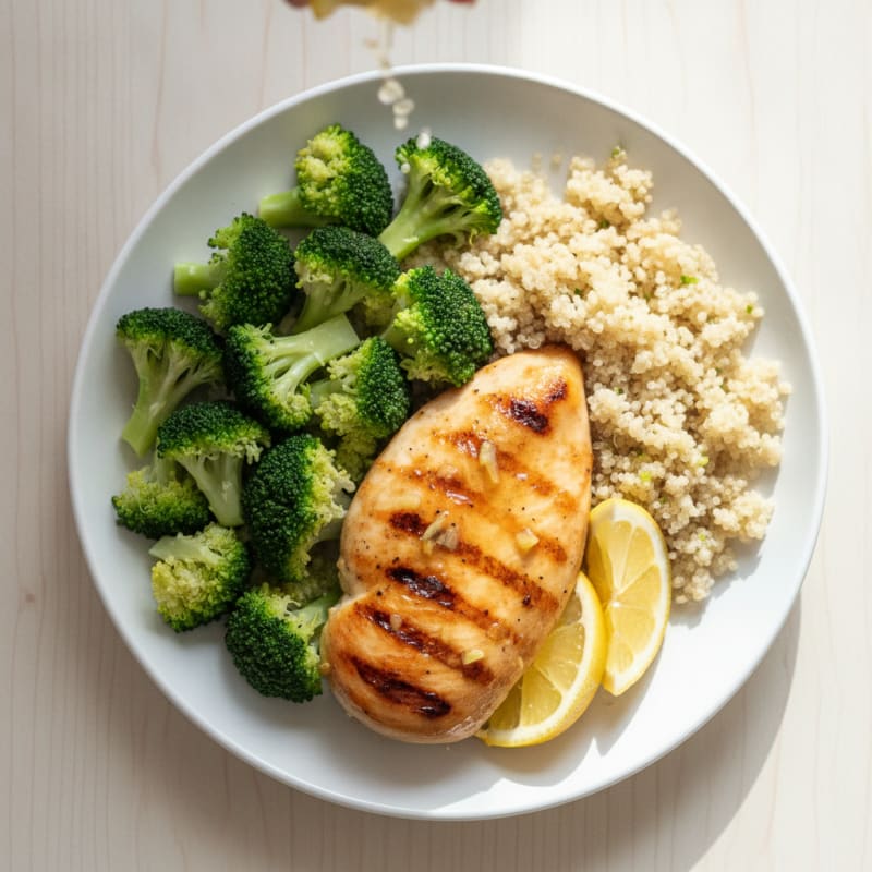 Grilled Chicken Breast with Steamed Broccoli and Quinoa