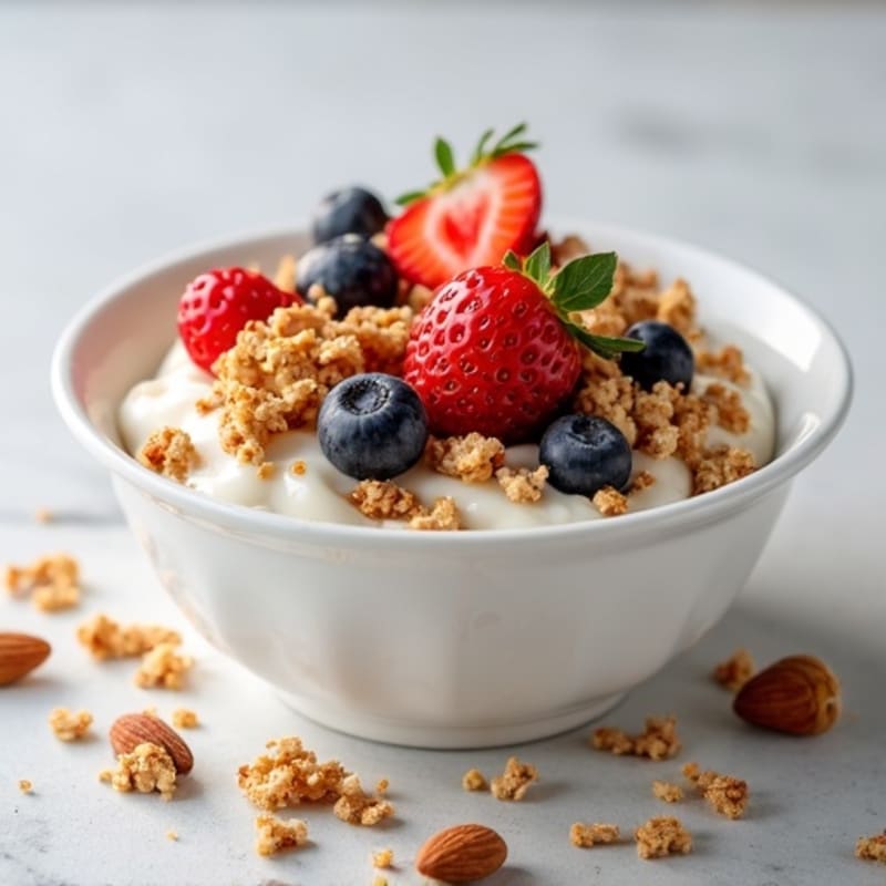 Greek Yogurt Parfait with Crunchy Almond Granola and Fresh Berries