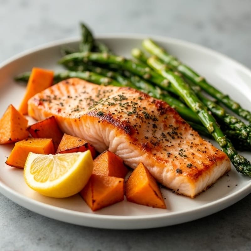 Seared Salmon Fillet with Roasted Sweet Potato and Asparagus