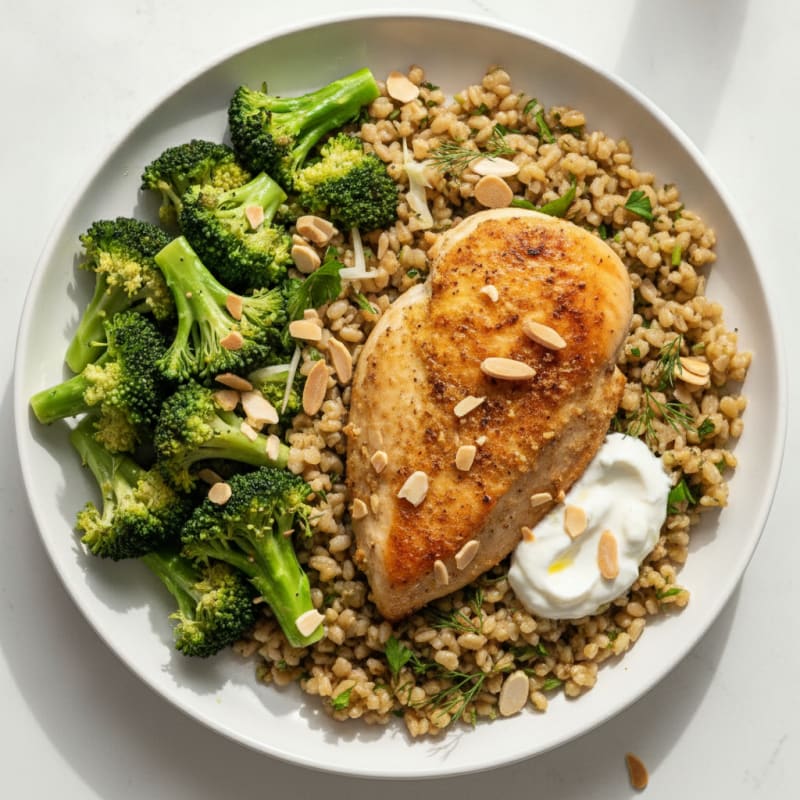 Oven-Baked Chicken Breast with Herbed Farro and Steamed Broccoli