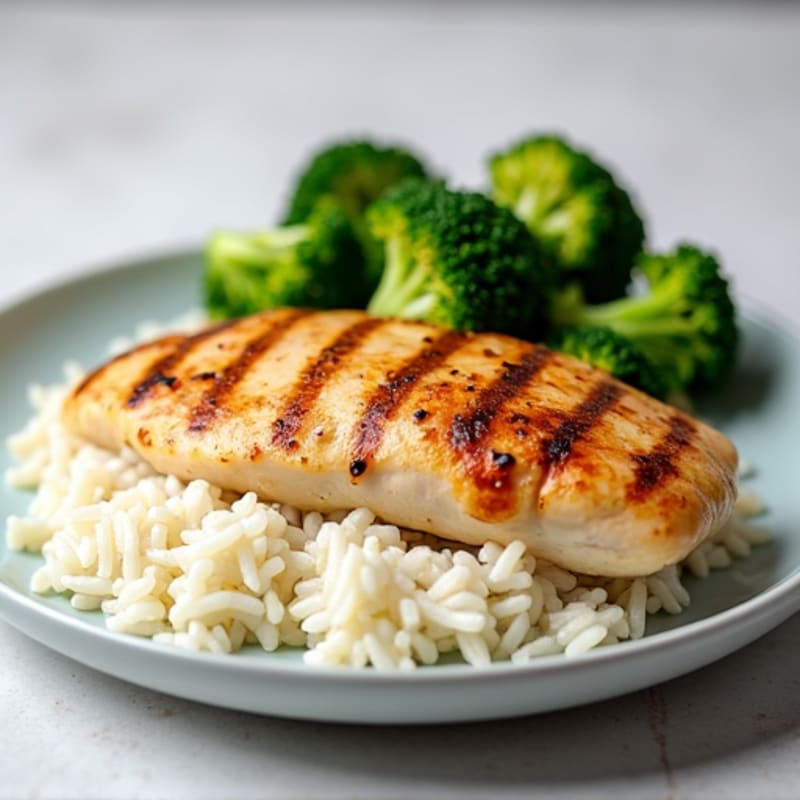 Grilled Chicken Breast with Steamed Rice and Roasted Broccoli