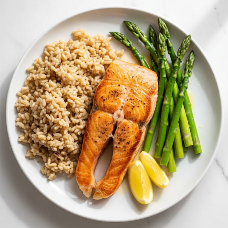 Seared Salmon with Steamed Asparagus and Brown Rice