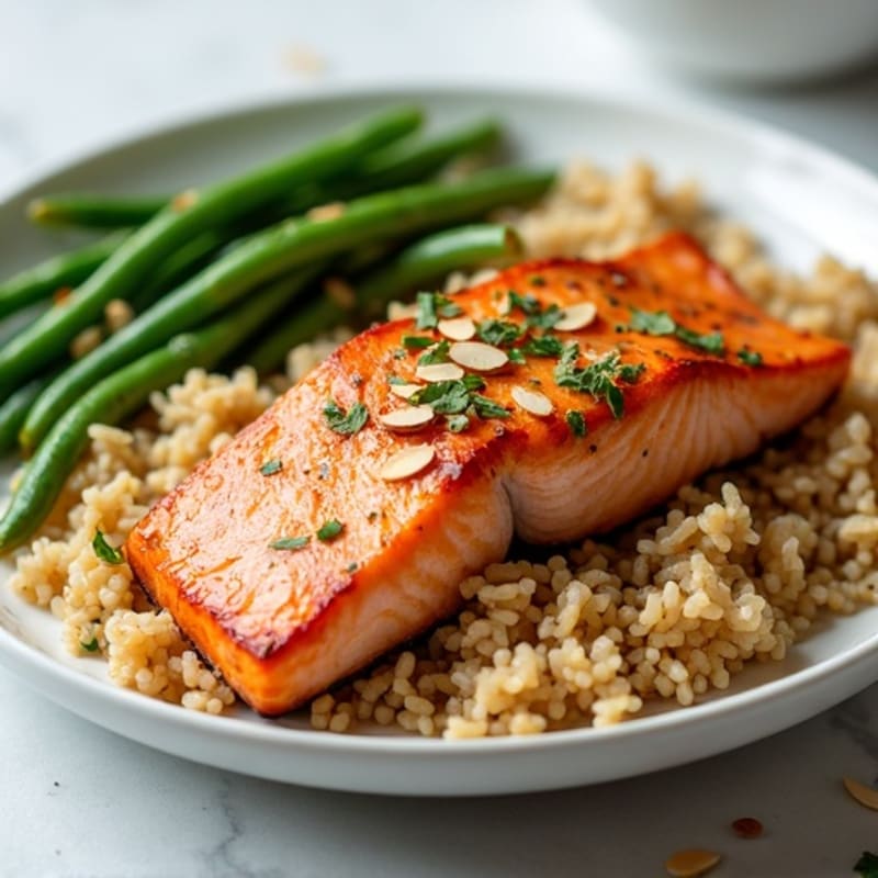 Seared Salmon Fillet with Garlic Green Beans and Brown Rice