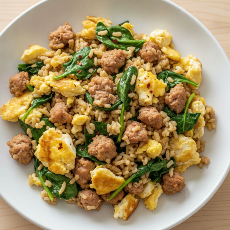 Egg White and Turkey Sausage Scramble with Spinach and Brown Rice
