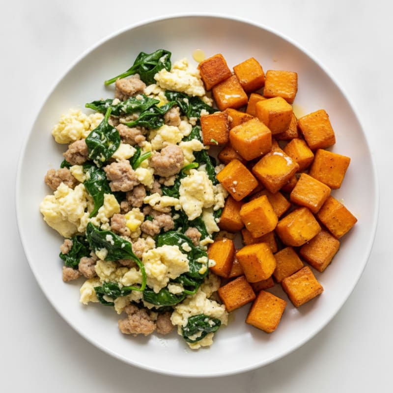 Egg White and Turkey Sausage Scramble with Spinach and Roasted Sweet Potatoes