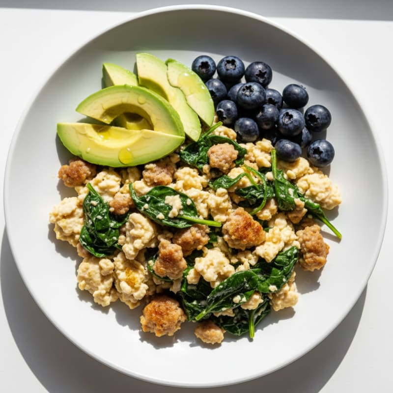 Egg White Spinach Scramble with Turkey Sausage