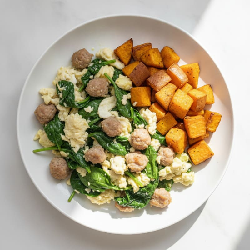 Egg White and Turkey Sausage Scramble with Spinach and Roasted Sweet Potato