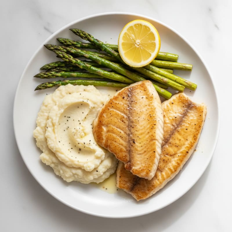 Seared Tilapia with Roasted Asparagus and Cauliflower Mash