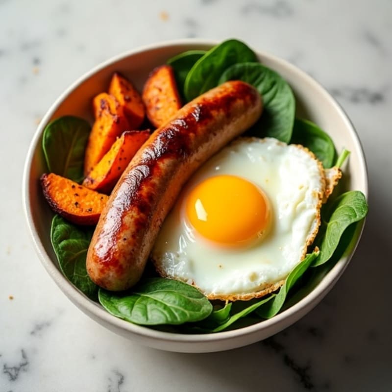 Savory Chicken Sausage and Egg Breakfast Bowl with Roasted Sweet Potatoes