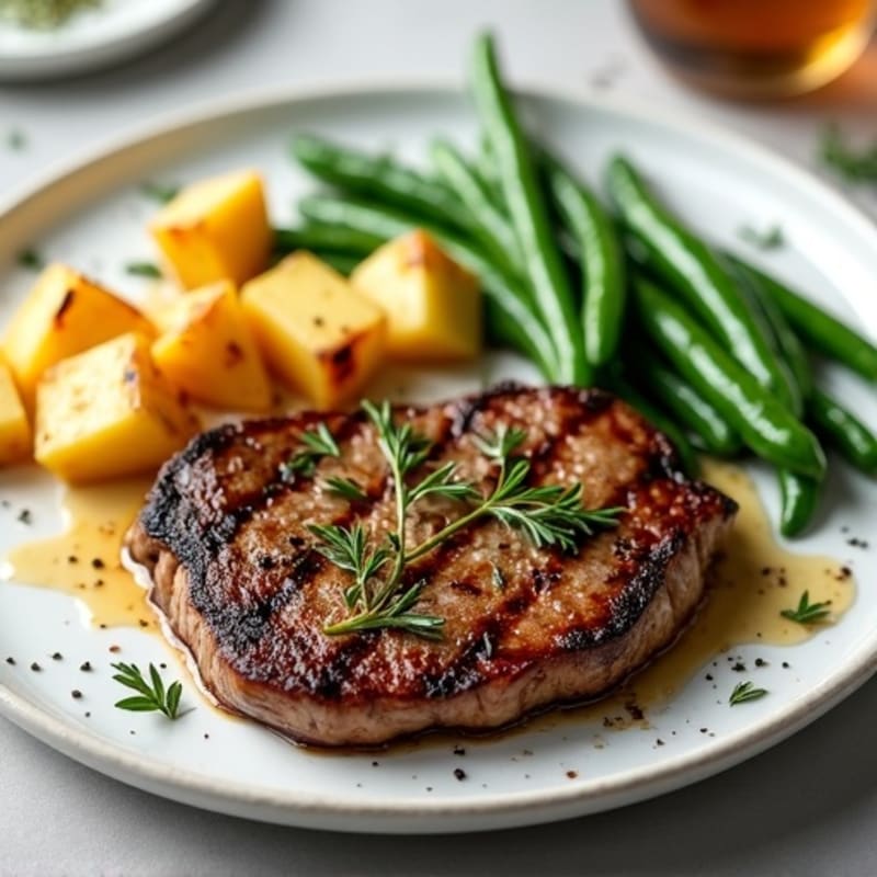 Garlic Herb Pan-Seared Steak with Roasted Potatoes and Crispy Green Beans