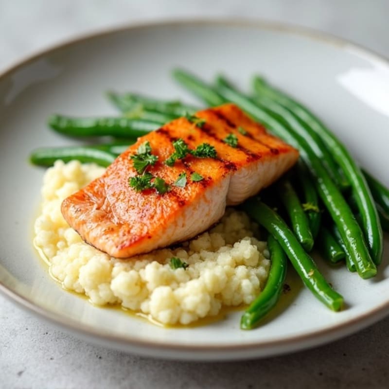 Seared Salmon with Garlic Green Beans and Cauliflower Mash