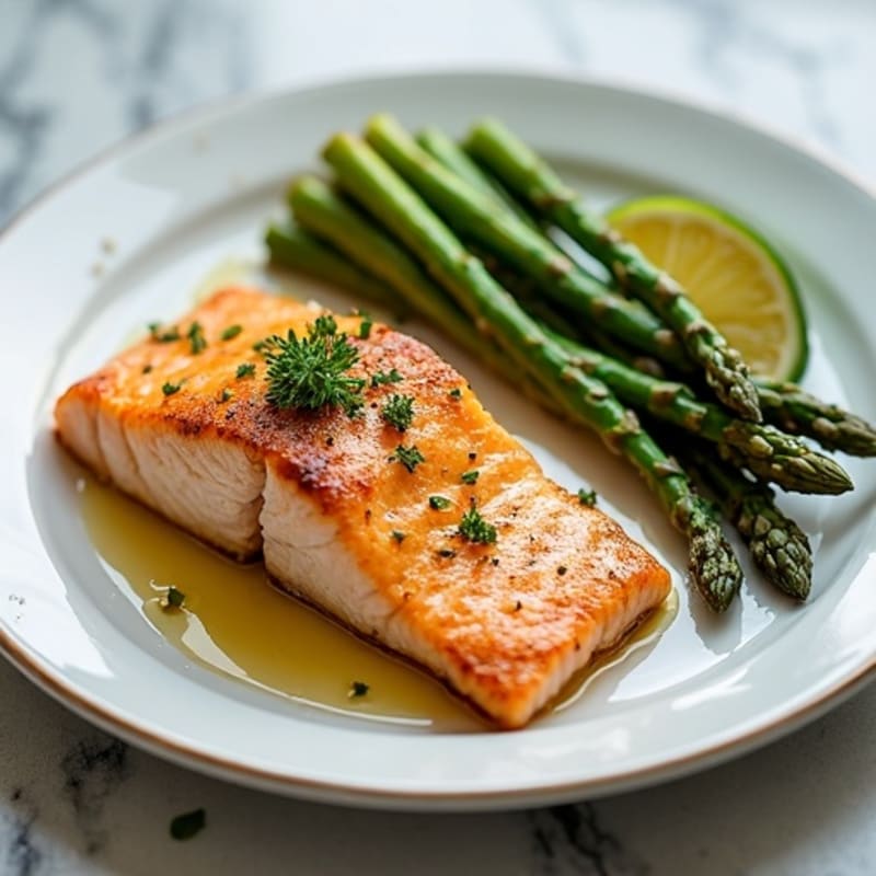 Crispy Pan-Seared Salmon with Lemon-Garlic Roasted Asparagus