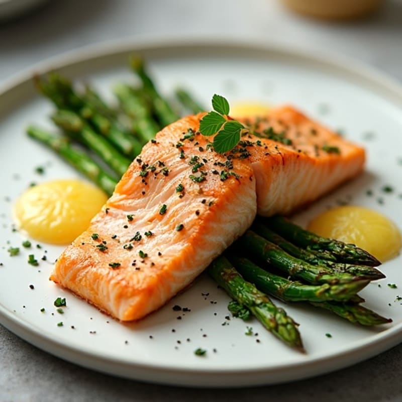 Crispy Pan-Seared Salmon with Lemon Herb Roasted Asparagus