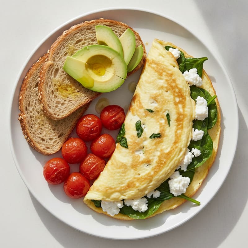 Egg White Spinach Omelette with Cottage Cheese and Cherry Tomatoes