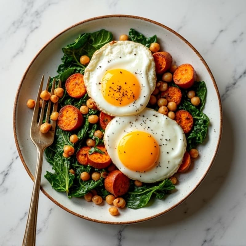 Crispy Sweet Potato Hash with Sautéed Greens and Poached Eggs