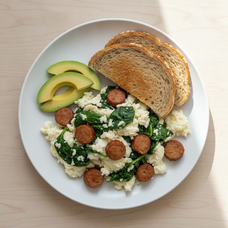 Egg White Spinach Scramble with Turkey Sausage