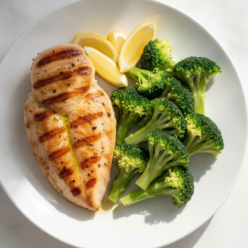 Grilled Chicken Breast with Steamed Broccoli and Lemon