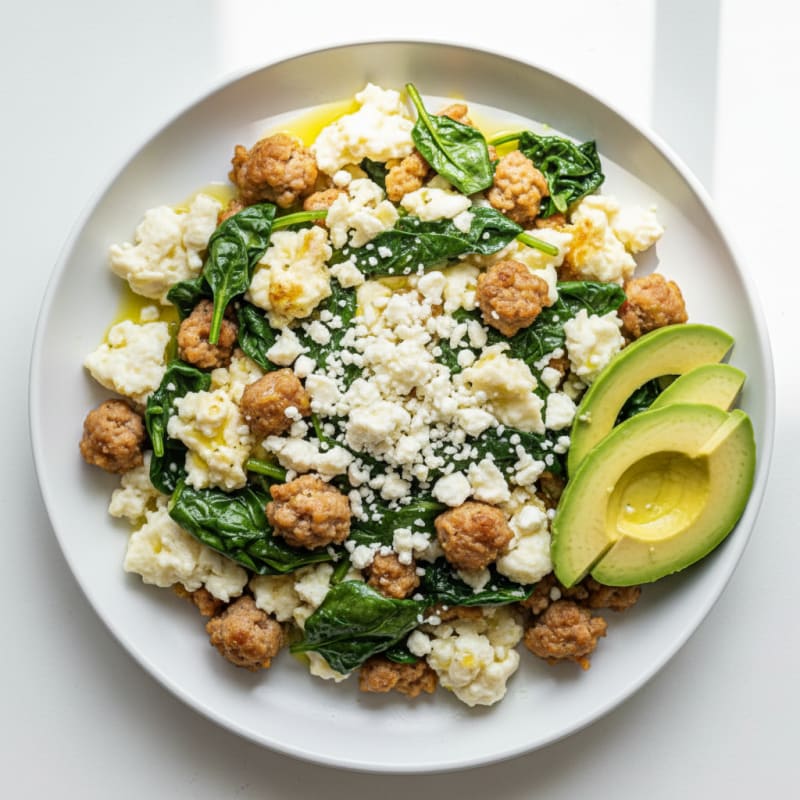 Egg White and Turkey Sausage Scramble with Spinach and Feta