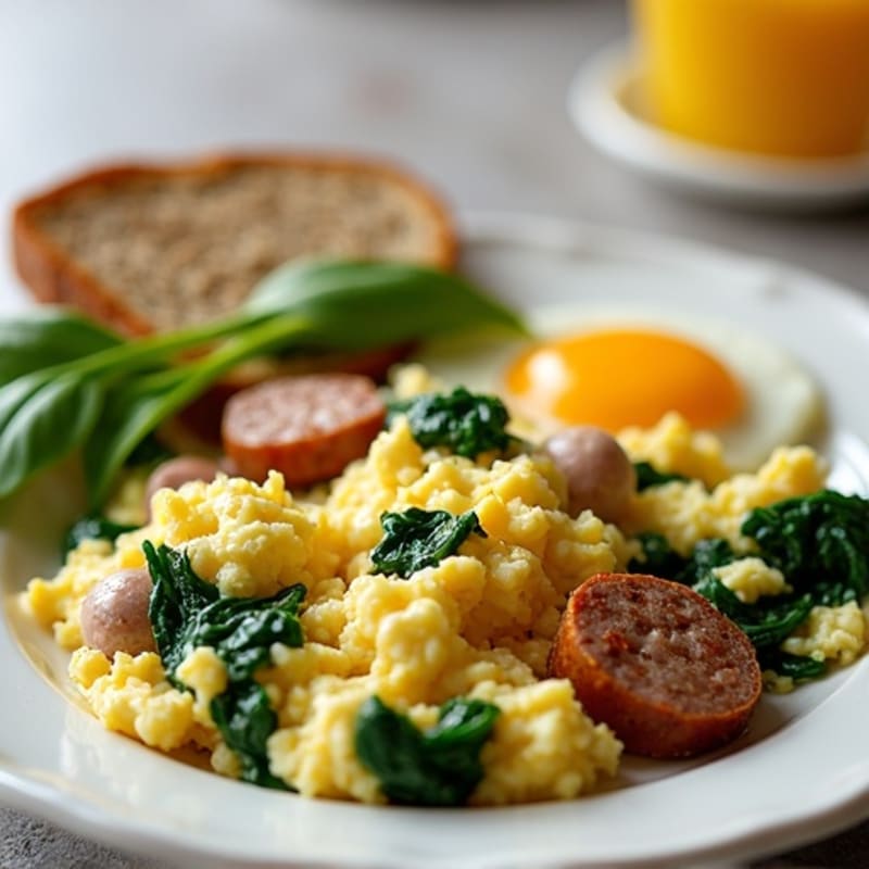 Egg White and Turkey Sausage Scramble with Sautéed Spinach