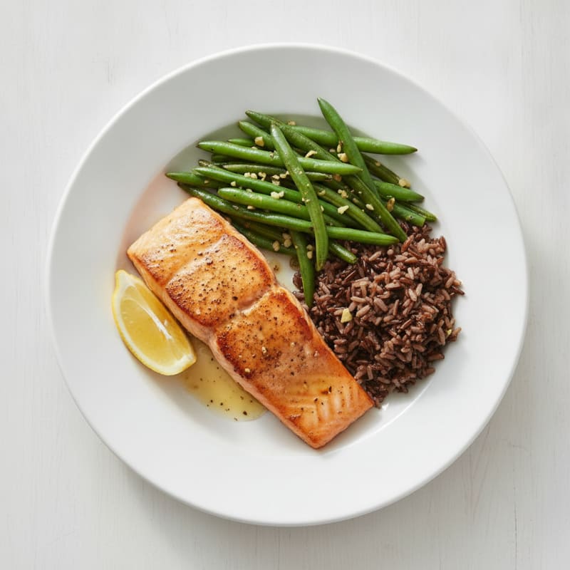 Seared Salmon Fillet with Garlic Green Beans and Wild Rice