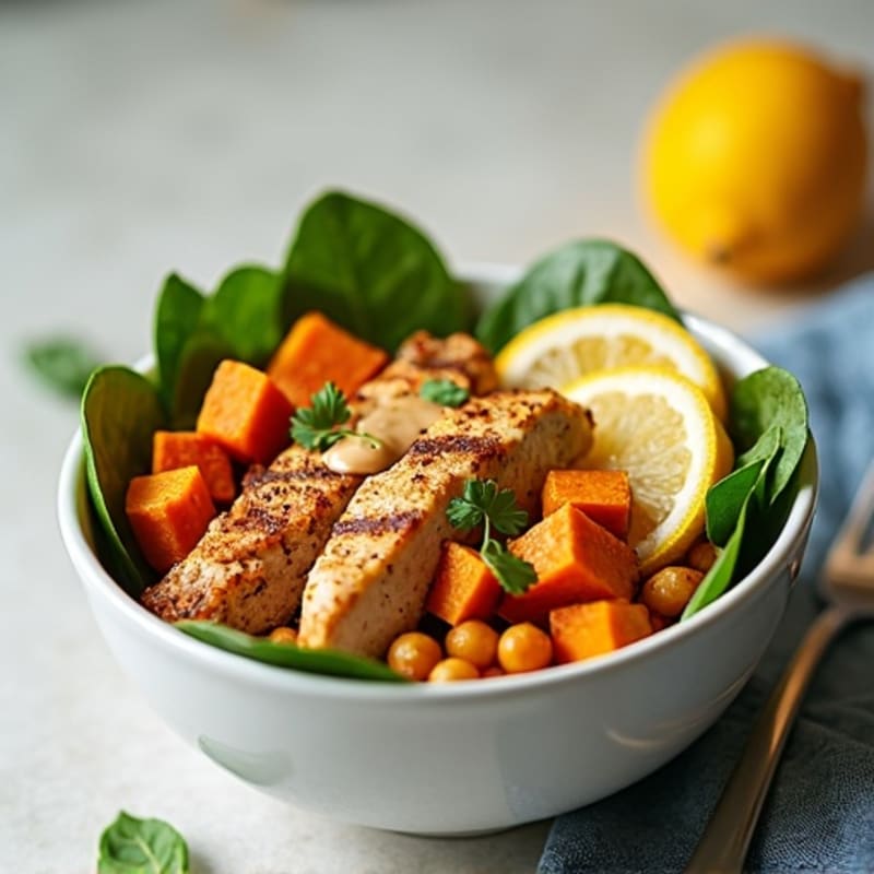 Crispy Roasted Chickpea and Sweet Potato Power Bowl with Creamy Tahini Drizzle