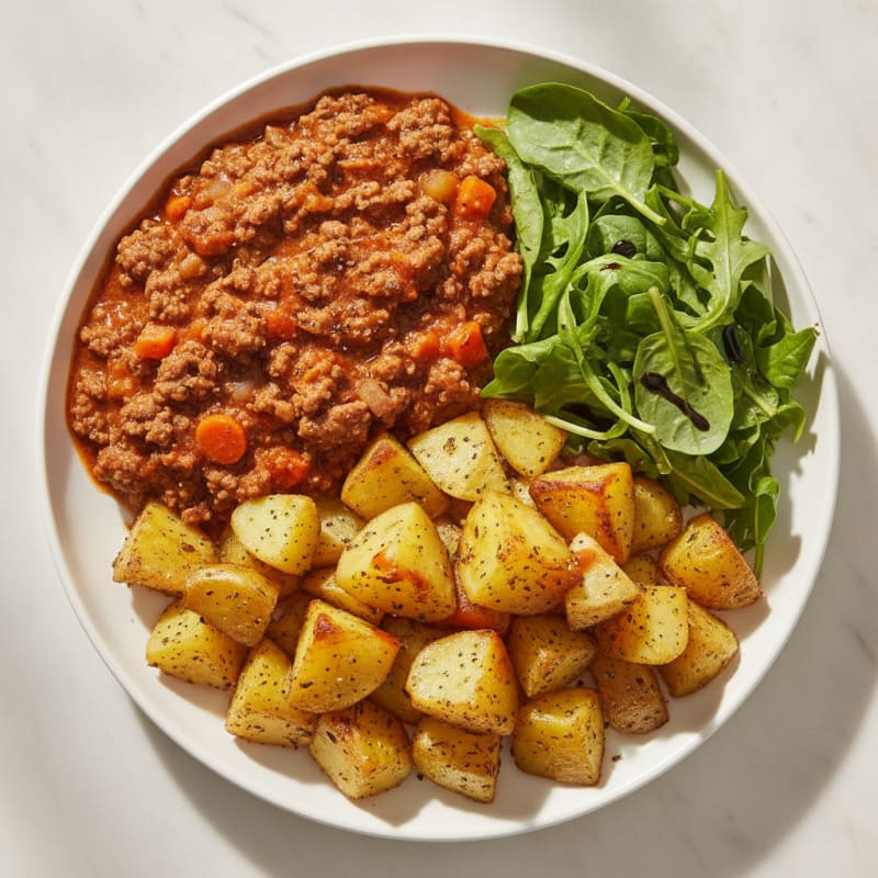 Beef Bolognese with Roasted Potatoes and Salad