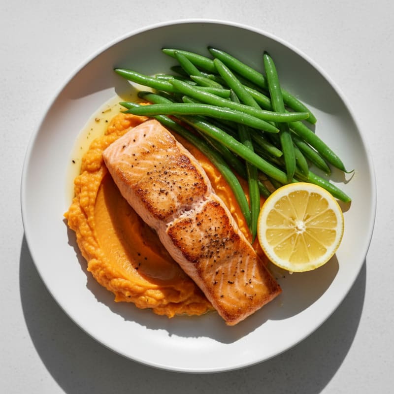 Seared Salmon with Steamed Green Beans and Sweet Potato Mash