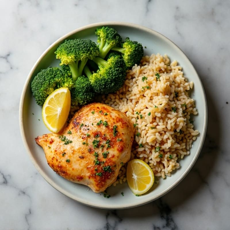 Lemon-Herb Roasted Chicken with Fluffy Brown Rice and Roasted Broccoli