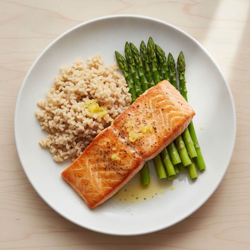 Seared Salmon with Steamed Asparagus and Brown Rice