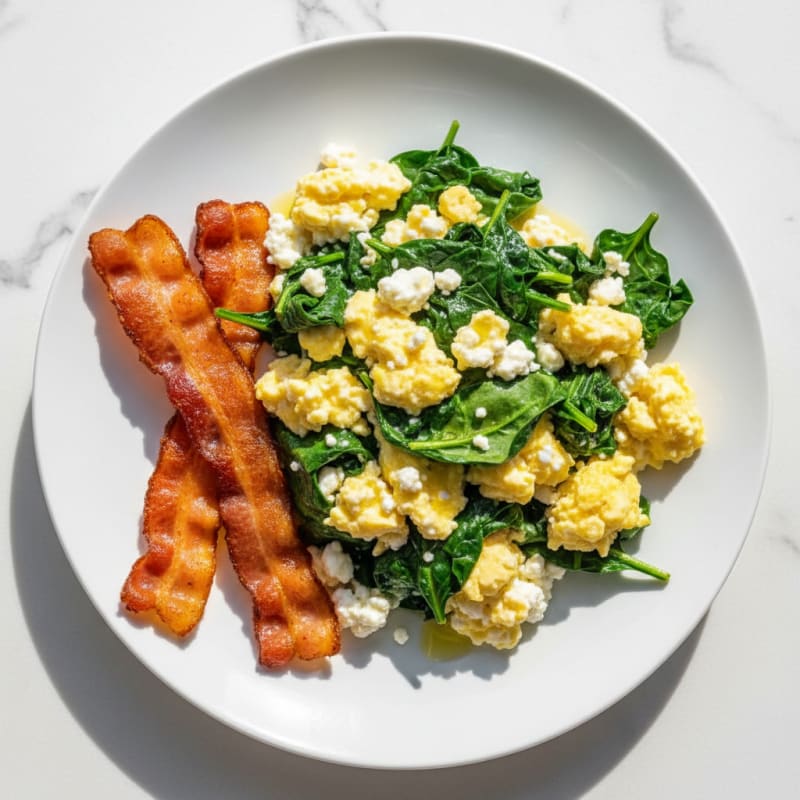 Cottage Cheese Egg Scramble with Sautéed Spinach and Turkey Bacon