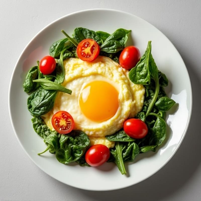 Fluffy Egg Scramble with Fresh Spinach and Cherry Tomatoes