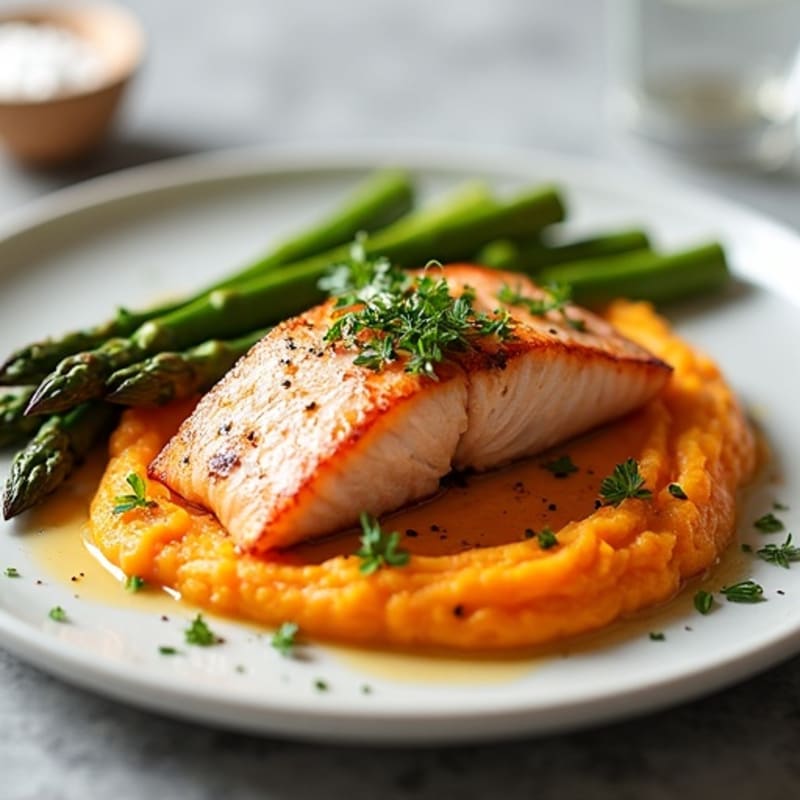 Seared Salmon with Roasted Asparagus and Sweet Potato Mash