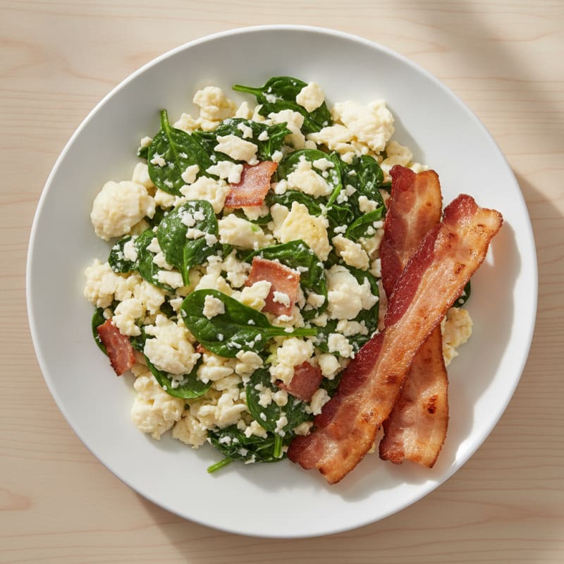 Egg White and Spinach Scramble with Grilled Turkey Bacon