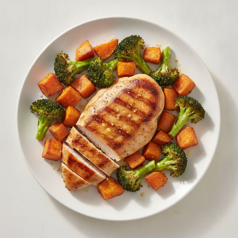 Seared Chicken Breast with Roasted Broccoli and Sweet Potato