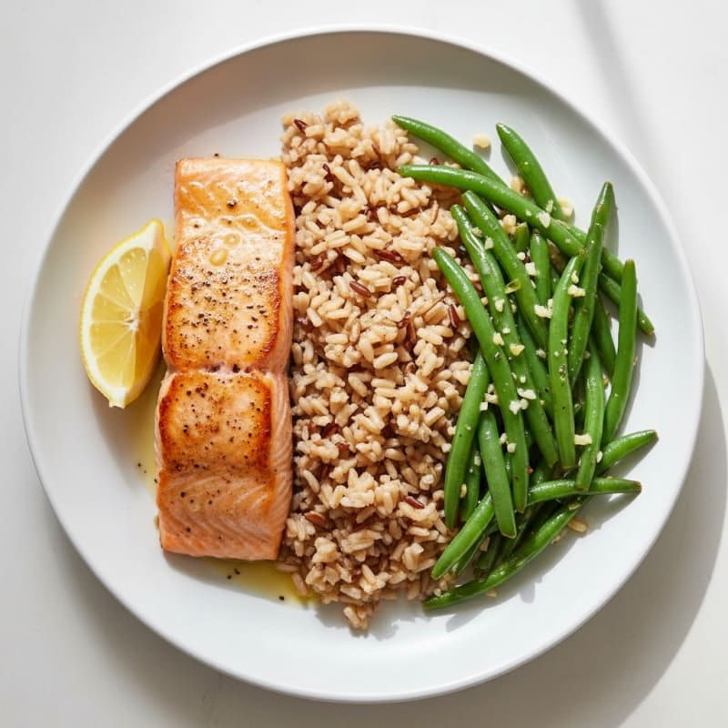Seared Salmon Fillet with Garlic Green Beans and Brown Rice