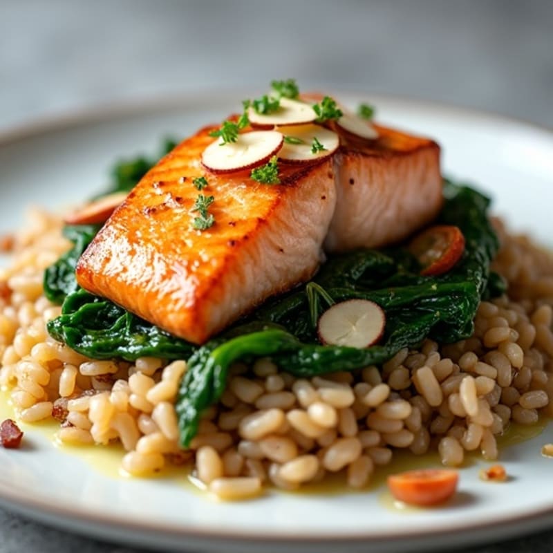 Seared Salmon with Garlic Spinach and Brown Rice Pilaf
