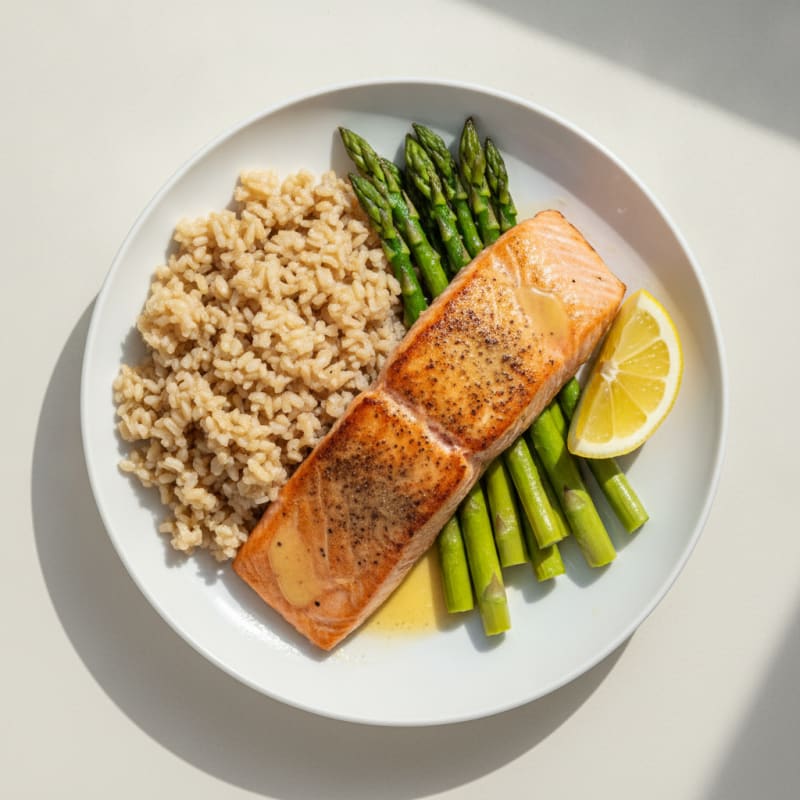 Seared Salmon with Steamed Asparagus and Brown Rice