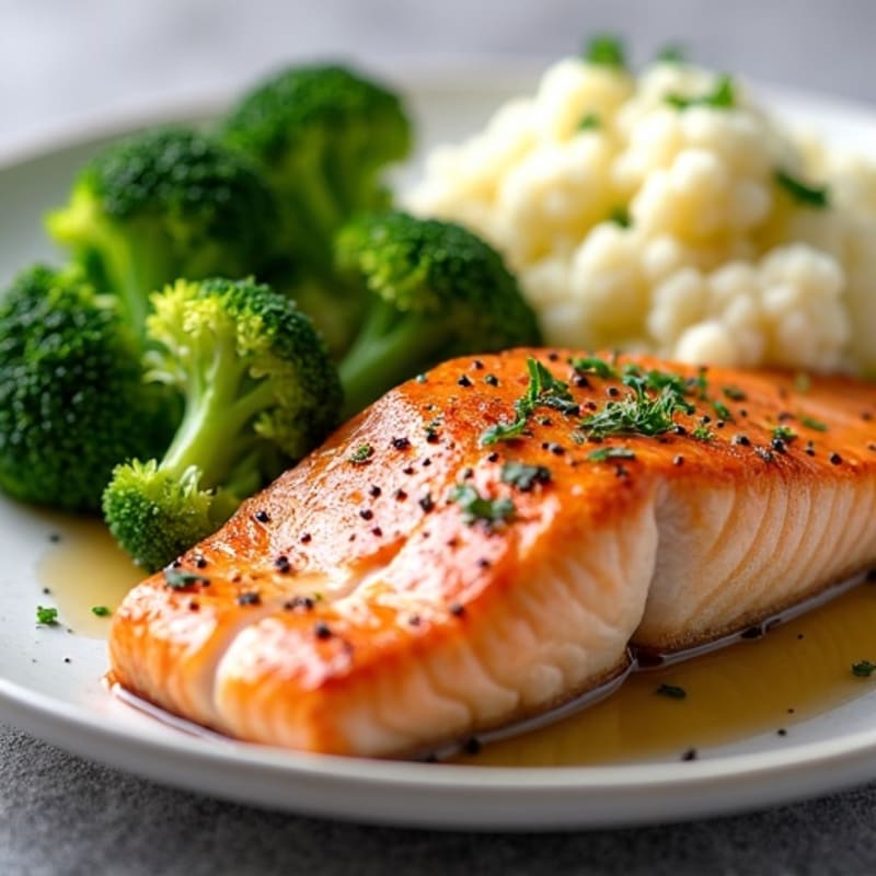 Pan-Seared Salmon with Steamed Broccoli and Garlic Mashed Cauliflower