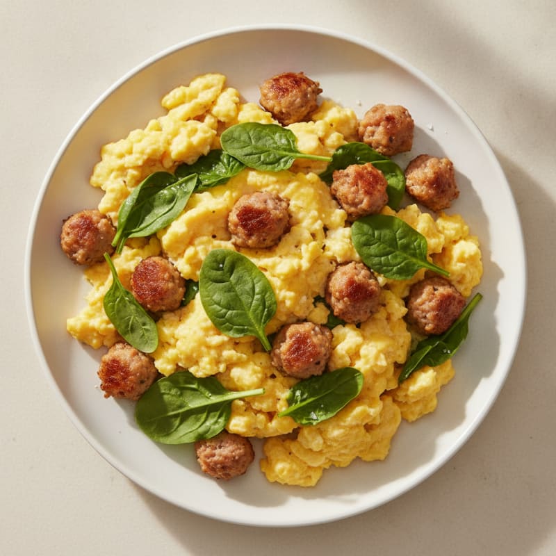 Fluffy Scrambled Eggs with Chicken Sausage and Spinach
