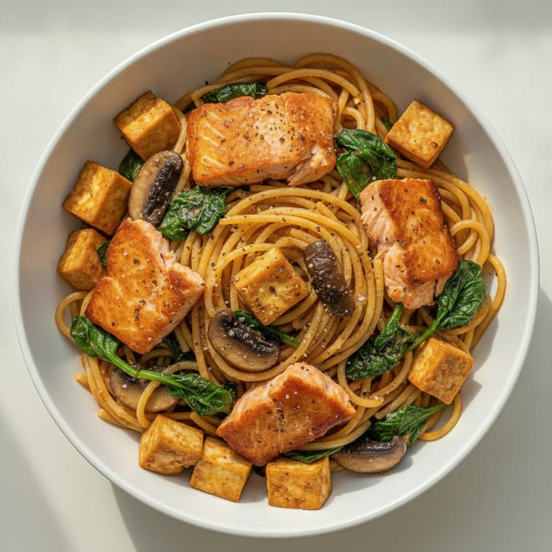 Pan-Fried Salmon and Tofu Spaghetti